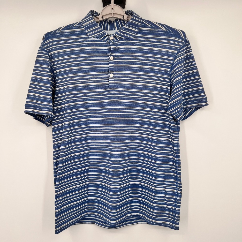 Lululemon Mens Striped Polo Shirt Blue White Short Sleeve Golf Athletic Large
